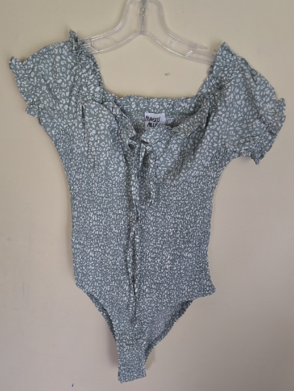 Princess Polly Sage Green Off-Shoulder Smocked Bodysuit - Picture 3 of 6
